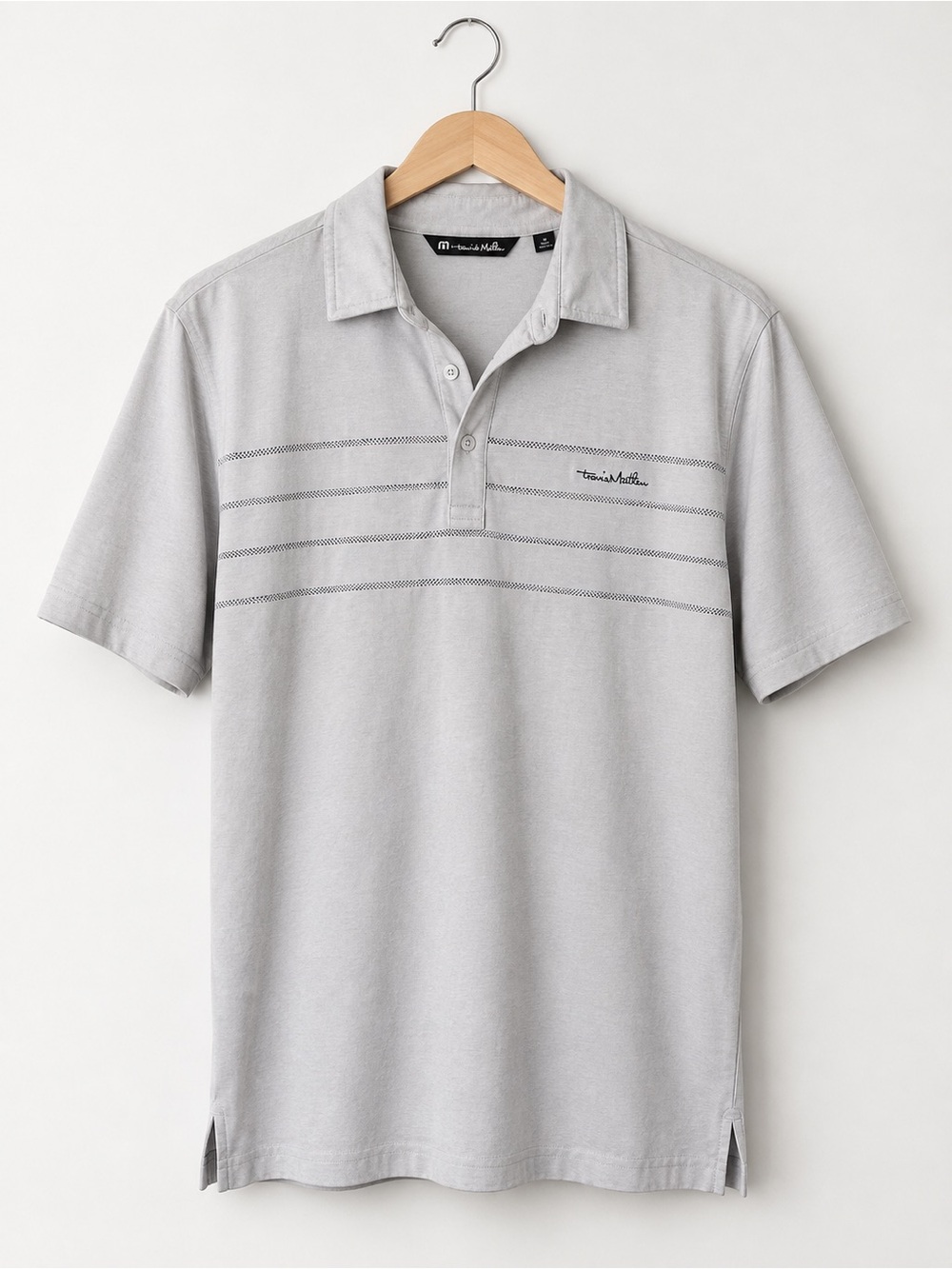 TravisMathew Light Gray Short-Sleeve Polo with Subtle Chest Stripes